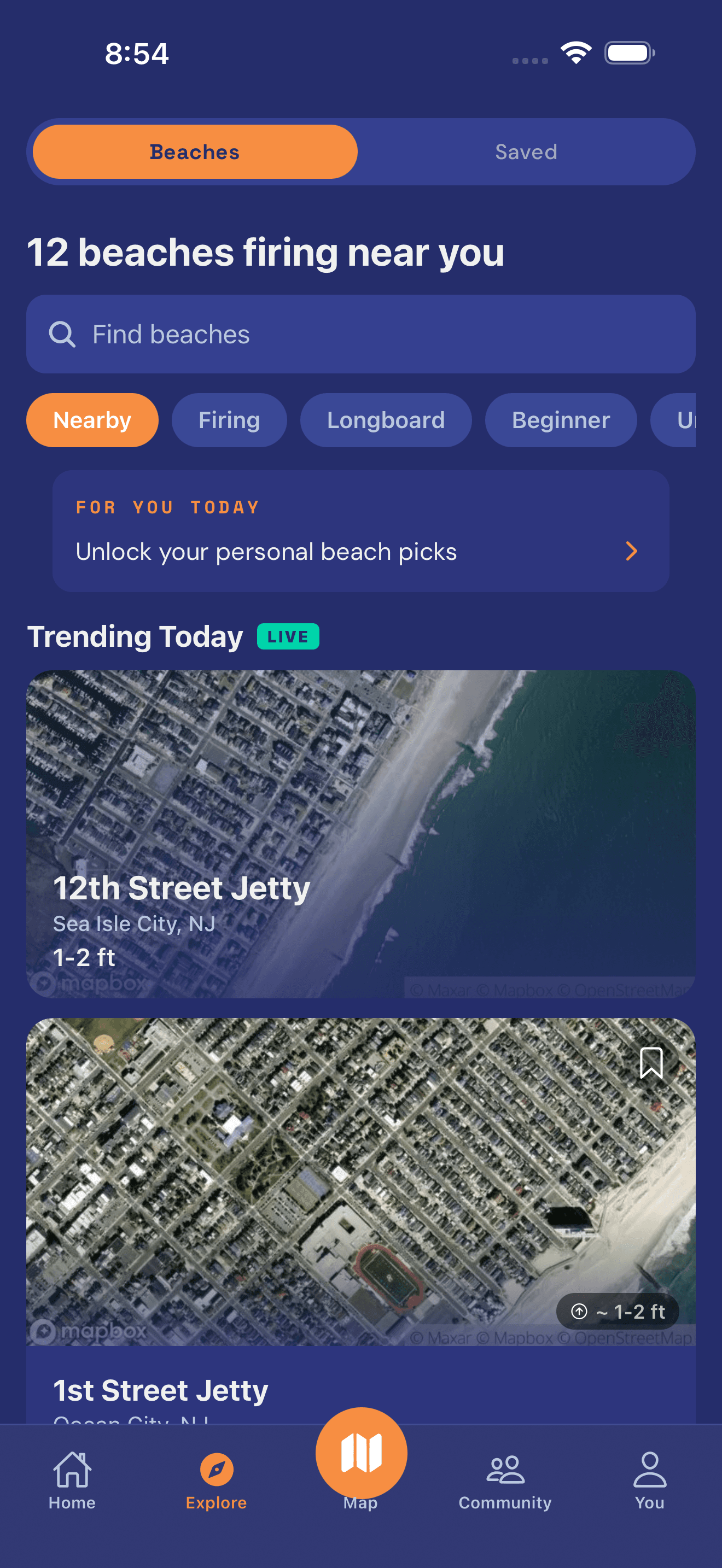 Quiver app showing nearby surf spots and local intel